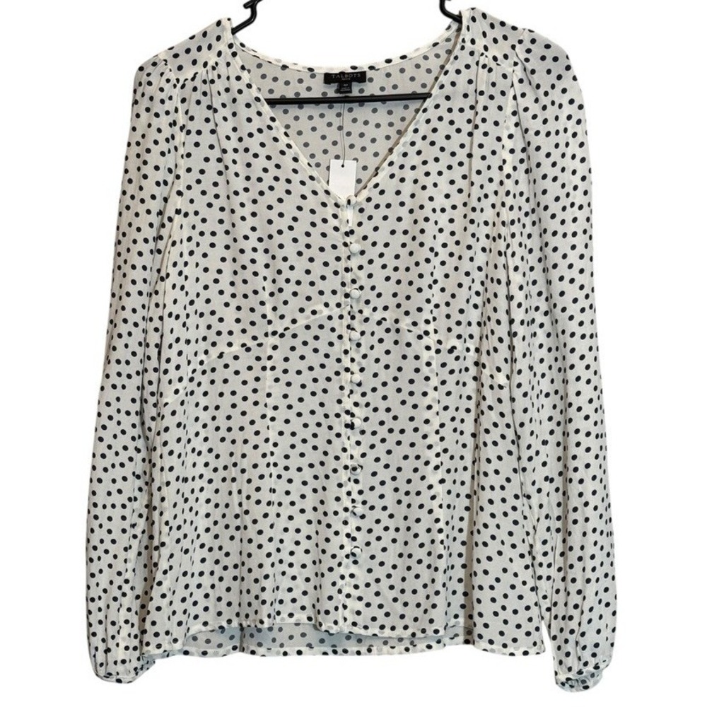 Talbots White Scattered Dot Polka Dot Button Down‎ Long Sleeve Blouse Sz 4P NWT